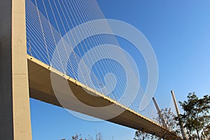 View of the bridge against the blue sky. The cables and high pylons of this long cable-stayed road bridge. Steel and