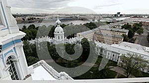 View of the bridge and the city of St. Petersburg from the colonnade of the Smolny Cathedral