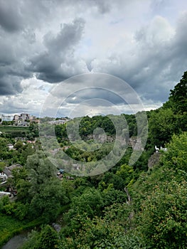 View from the bridge of Kamianets-Podilskyi city to canyon and river in Ukraine