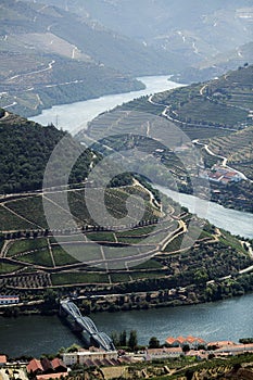 View of the bridge over the Douro River and the picturesque landscape of the Douro Valley in Portugal.