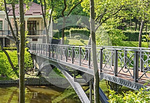 View of the bridge over the lake in the Mezhyhirya landscape park near Kiev, Ukraine.