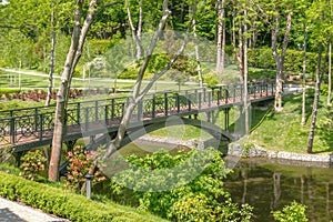 View of the bridge over the lake in the Mezhyhirya landscape park near Kiev, Ukraine.