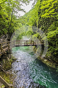 A view of a bridge over the Radovna River in the narrow section of the Vintgar Gorge in Slovenia