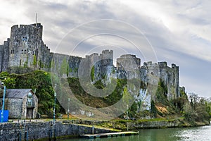 A view from the bridge over the River Cleddau towards the castle at Pembroke, Wales