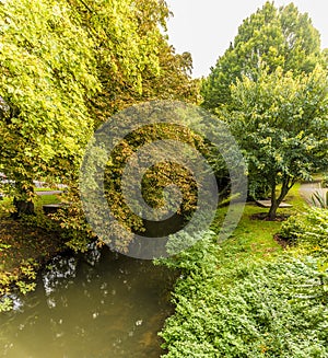 A view from a bridge over the River Eye in New Park, Melton Mowbray, Leicestershire, UK