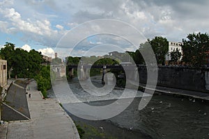 A view from the bridge over the Tiber river, Rome, Italy