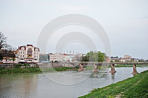 View of bridge on river Uzh at city Uzhgorod, Transcarpathia, Uk