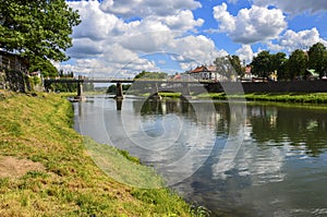 View of bridge on river Uzh at city Uzhgorod, Ukraine