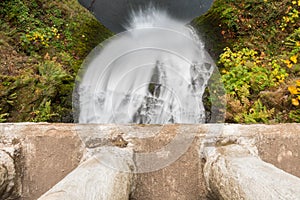 View from the bridge of the second section of Multnomah Waterfall located at Multnomah Creek in the Columbia River Gorge