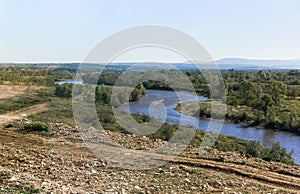 View  from the bridge to the channel of the Kvirila River in Imereti in Georgia