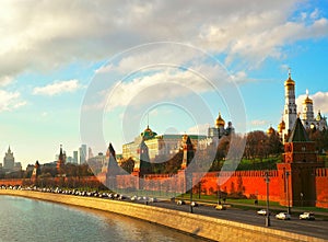 View from the bridge to the Kremlin, Moscow river and Moscow City. Panorama at sunset, Moscow, Russia