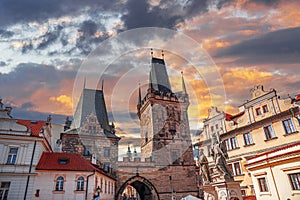 A view of the bridge tower at the end of the Charles Bridge on the side of Mala Strana, Prague