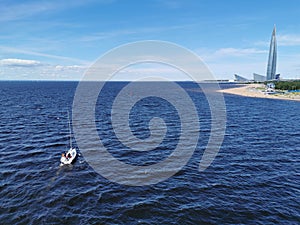 View from the bridge with a view of the Gulf of Finland, the yacht, the Lakhta Center, the