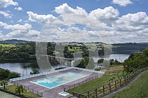 View of the bridge from the village, Minho river, Portomarin photo