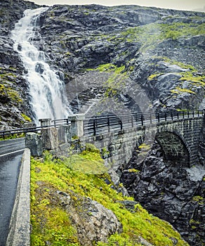 View On Bridge and Waterfall In Troll Road, Norway