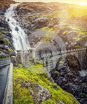 View On Bridge and Waterfall In Troll Road, Norway