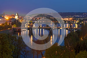 View of the bridges of the evening Prague. Czech Republic