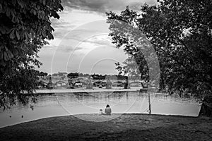 View of the bridges of the old city of Prague from the Vltava river. Czech Republic. Black and white