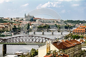View of the bridges over the Vltava and Prague castle in Prague