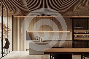 View of bright kitchen interior with panoramic window