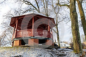 view of a bright wooden gazebo, Valterkalnins, Gauja river near Valmiera