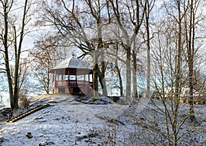 view of a bright wooden gazebo, Valterkalnins, Gauja river near Valmiera