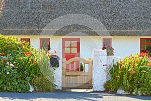 View of brightly Irish house front with traditional colored england entrance door.