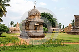 View of Brihadisvara Temple complex, Gangaikondacholapuram, Tamil Nadu, India. Simhakinar, Durga shrine and Nanadi bull are seen.