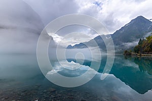 View of the Briksdalsbreen Briksdal glacier from the shores of the Oldevatnet Lake, Stryn, Vestland, Norway