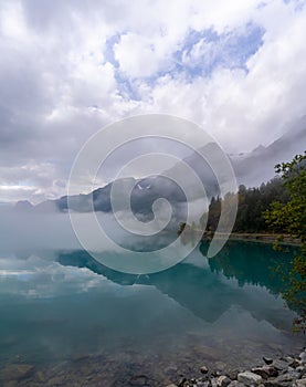 View of the Briksdalsbreen Briksdal glacier from the shores of the Oldevatnet Lake, Stryn, Vestland, Norway