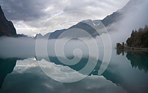 View of the Briksdalsbreen Briksdal glacier from the shores of the Oldevatnet Lake, Stryn, Vestland, Norway