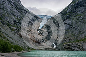View of Briksdalsbreen glacier and Briksdalselva river (Norway)