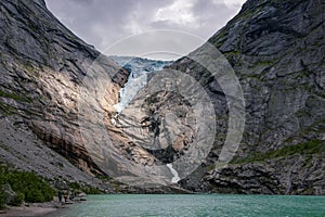 View of Briksdalsbreen glacier and Briksdalselva river (Norway)