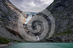 View of Briksdalsbreen glacier and Briksdalselva river (Norway)
