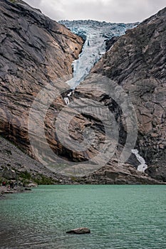 View of Briksdalsbreen glacier and Briksdalselva river (Norway)