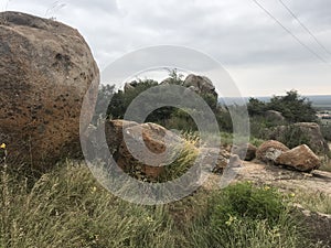 View of broken big stone pieces from rocks