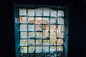 View through the broken glass block window