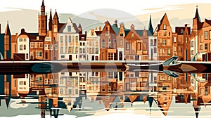 View of Bruges with typical old-fashioned houses at the riverbanks.Cityscape of Bruges in Belgium.