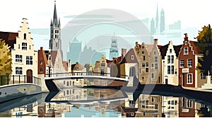 View of Bruges with typical old-fashioned houses at the riverbanks.Cityscape of Bruges in Belgium.