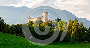 View of Bruneck Castle, situated on the hill over old town, in Val Pusteria, Italy