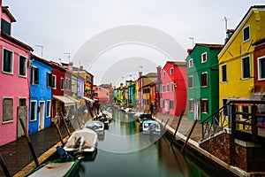 A view of Bruno Island's colorful houses and canal, Venice, Italy