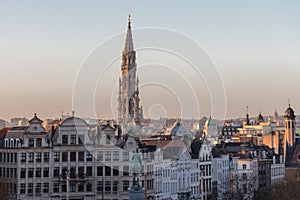 View of Brussels, capital of Belgium, and City hall tower in beautiful early evening