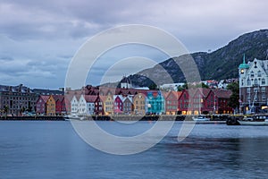 View of the Bryggen waterfront in Bergen in Norway early in the