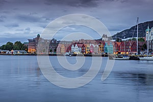 View of the Bryggen waterfront in Bergen in Norway early in the