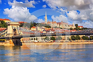 View of the Buda Castle, palace complex on Castle Hill over the Danube river through the Szechenyi Chain Bridge