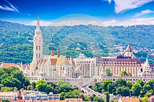 View of Buda side of Budapest with St. Matthias church and Fishermen`s Bastion. Summer sunny day