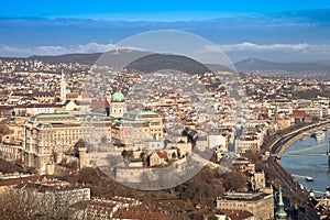 View on Budapest from Gellert Hill, Hungary. Houses, river Danube in the background of mountains and clear blue sky