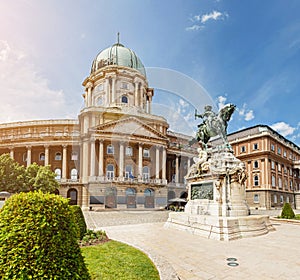 view of the Budapest Royal Castle and National Gallery with equestrian statue