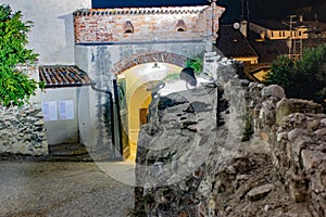 View of a building entrance seen from above. The castle of Asolo is a fortress located in the center of the village of the same na