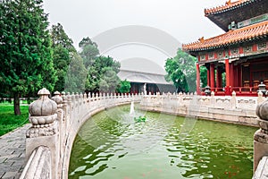 View of the building, garden park and canal at Confucius Temple and The Imperial College Museum in Beijing, China